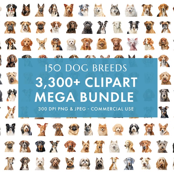 3,300+ Dogs Clipart Mega Bundle 150 Dog Breeds, Watercolor Sublimation Designs, Digital Crafting, Instant Digital Download