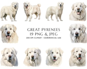 Watercolor Great Pyrenees Clipart Bundle 19 High Quality PNG & JPEG, Gift for Dog Mom and Dad, Digital Crafting, Digital Download