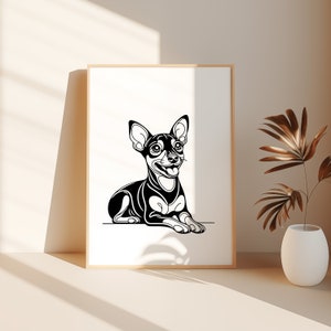 May include: Black and white line art illustration of a small dog sitting with its tongue out. The dog is looking to the right. The illustration is on a white background.