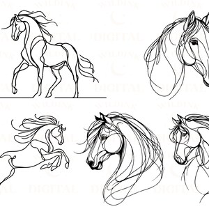Pu&ograve; includere: Un set di quattro disegni a linea di cavalli. Ogni disegno presenta una posa diversa, con un cavallo in piedi, uno che corre e due con la testa girata. I disegni sono in bianco e nero e hanno uno stile minimalista.