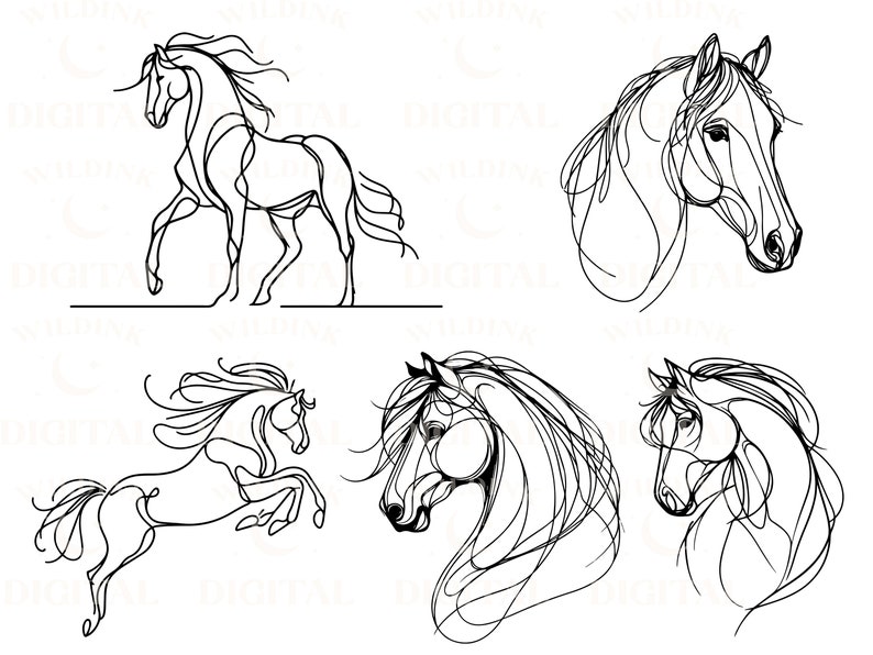 Pu&ograve; includere: Un set di quattro disegni a linea di cavalli. Ogni disegno presenta una posa diversa, con un cavallo in piedi, uno che corre e due con la testa girata. I disegni sono in bianco e nero e hanno uno stile minimalista.