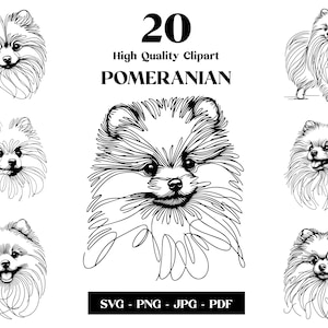 Pacchetto Pomerania SVG e PNG Clipart: Digital Line Art, disegno vettoriale minimalista per sublimazione, amante dei cani, download digitale del cucciolo