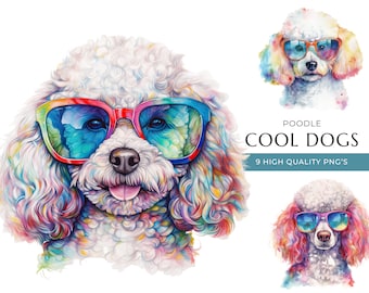 Poodle Dog Clipart, Funny Watercolor Dogs with Sunglasses (Digital Download)