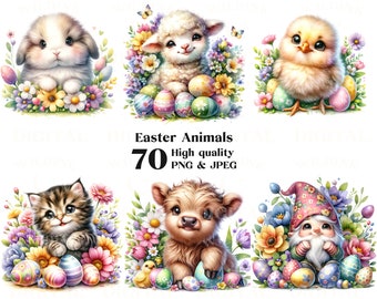 Watercolor Easter Animals Clipart Bundle: Bunny, Chick, Lamb (Digital Download)