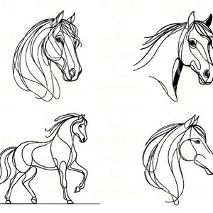 Pu&ograve; includere: Quattro disegni a linea di cavalli in varie pose. I primi due sono primi piani della testa, il terzo &egrave; un primo piano a figura intera di un cavallo che corre, e il quarto &egrave; un primo piano della testa di un cavallo con la testa girata di lato.