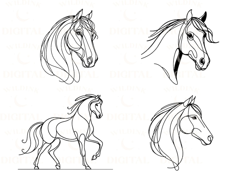 Pu&ograve; includere: Quattro disegni a linea di cavalli in varie pose. I primi due sono primi piani della testa, il terzo &egrave; un primo piano a figura intera di un cavallo che corre, e il quarto &egrave; un primo piano della testa di un cavallo con la testa girata di lato.