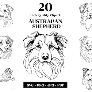Pacote de clipart SVG e PNG de pastor australiano: arte linear digital australiana, desenho vetorial minimalista de cachorro para sublimação, download digital