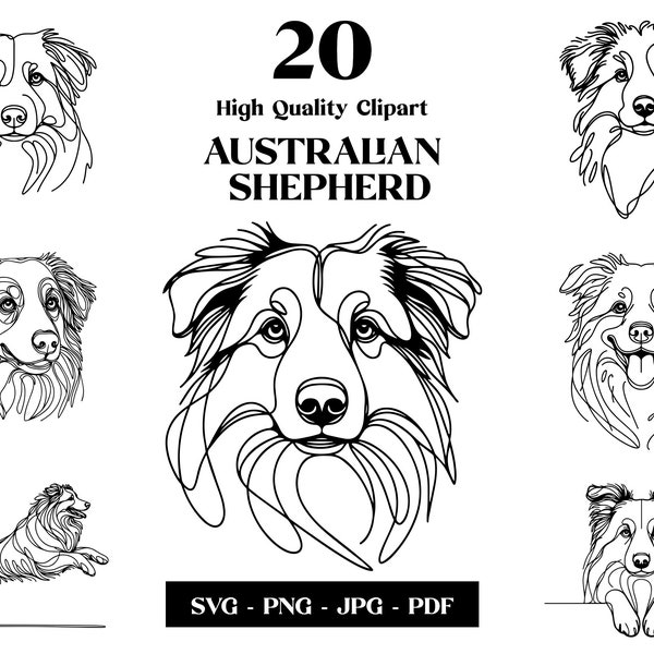 Ensemble de cliparts SVG et PNG de berger australien : dessin au trait numérique australien, dessin de chien vectoriel minimaliste pour sublimation, téléchargement numérique