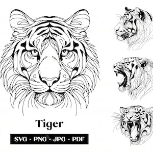 Tygrys SVG Clipart, Minimalistyczna Linia Sztuki, Logo Zwierzęce Wektor, Sztuka Nowoczesna, Afrykańska Dzika Przyroda Tatuaż i Projekt Sublimacji, Pobieranie Cyfrowe