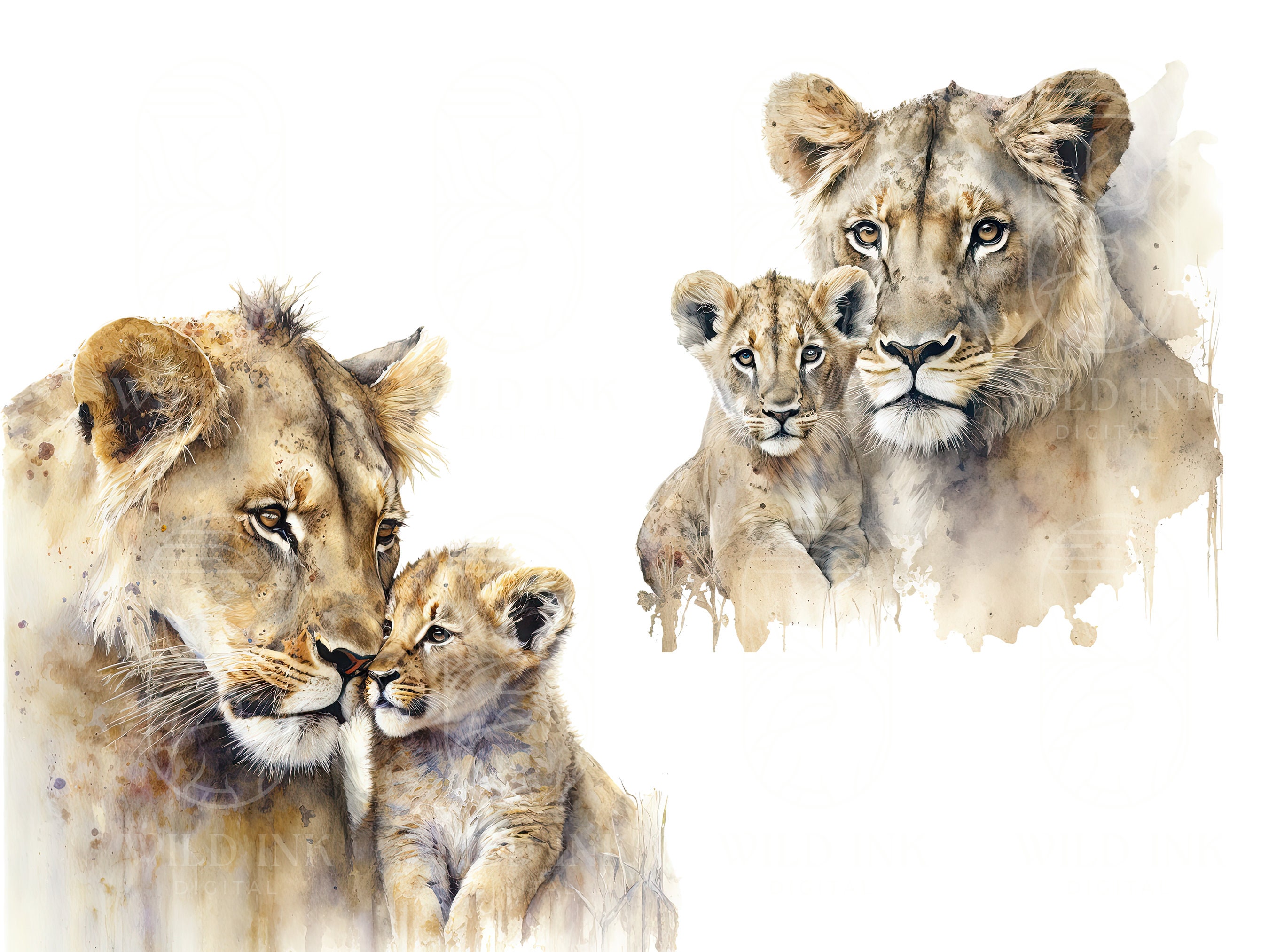 母ライオンと子ライオンの水彩画、サファリ風子供部屋装飾（デジタル