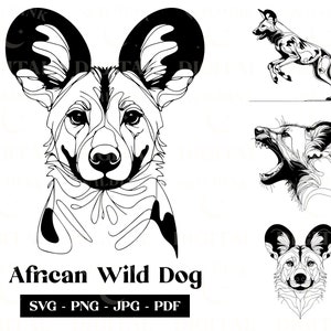 Clipart SVG di cani selvatici africani, linea arte minimalista, arte moderna vettoriale animale, fauna africana, design di tatuaggi e sublimazione, download digitale