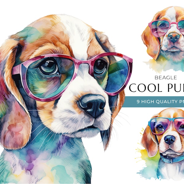 Cool Beagle Puppy Dog Clipart, 9 High Quality PNGs, Funny & Cute Baby Dogs with sunglasses, Digital Crafting, Digital Download