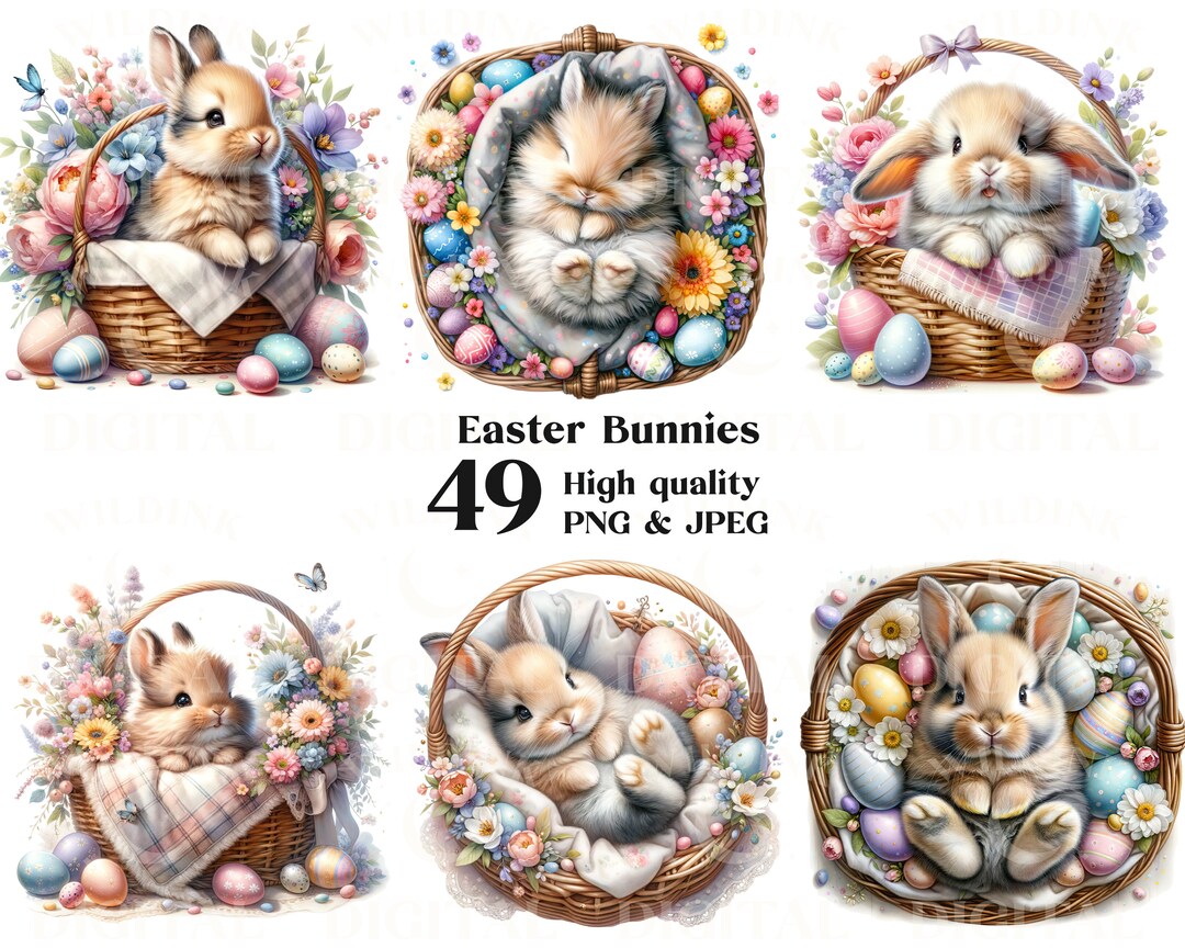 Watercolor Easter Bunny Clipart Bundle: 49 PNG & JPEG Images (digital ...