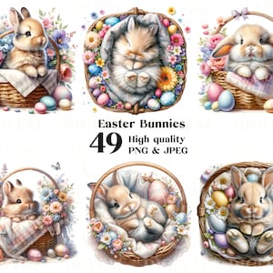 Pacote de clipart de coelhinho da Páscoa em aquarela 49 PNG e JPEG de alta qualidade, download digital, diários indesejados, sublimação, uso comercial