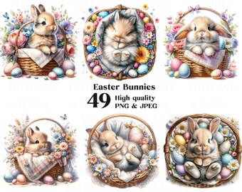May include: Six digital illustrations of Easter bunnies in baskets with colorful eggs and flowers. The bunnies are in various poses, some sleeping, some sitting up, and some looking at the viewer. The text "Easter Bunnies" and "49 High quality PNG & JPEG" is at the bottom of the image.