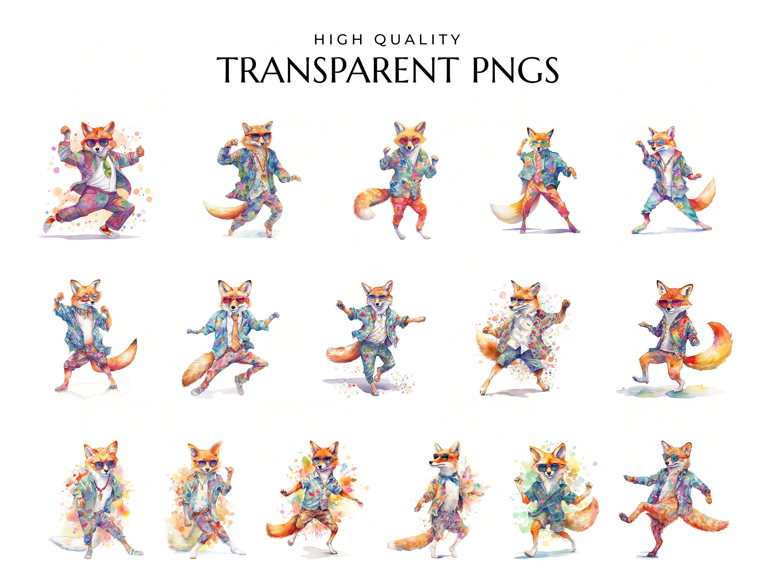 Dancing Fox Clipart: Funny Watercolor Animal Pngs (digital Download) - Etsy