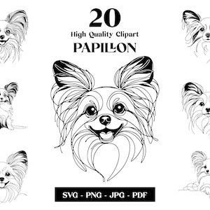 Papillon SVG & PNG clipart bundel: digitale lijntekeningen, minimalistische vectorhondtekening voor sublimatie, hondenliefhebber, puppy digitale download