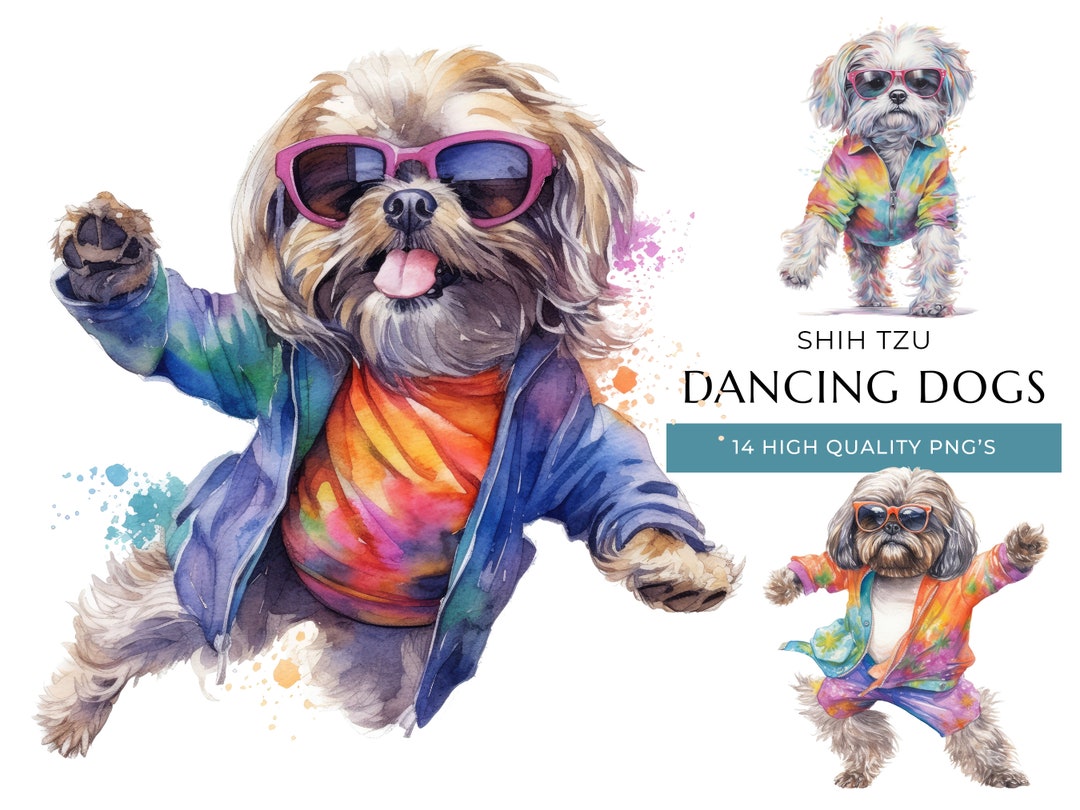 Dancing Shih Tzu Watercolor Clipart: Funny Dog PNG Prints (digital ...