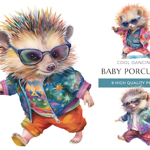 Cool Dancing Baby Porcupine Clipart, 9 High Quality PNG, Cute Watercolor Animals, Digital Prints and Creative Projects, Digital Download