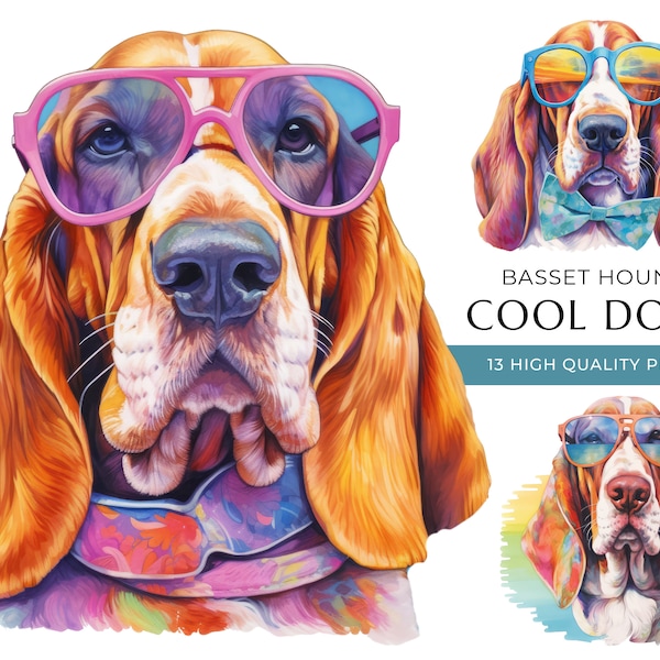 Cool Basset Hound Dog Clipart, 13 High Quality PNGs, Funny Dogs with sunglasses Watercolor Print, Digital Crafting, Digital Download