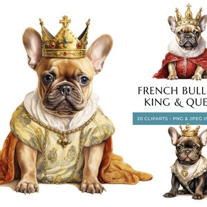 Clipart de aquarela de cachorro de buldogue francês King & Queen - 20 PNG e JPEG de alta qualidade, cães reais - download digital instantâneo