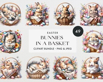May include: A set of 49 digital clipart images featuring adorable bunnies in baskets decorated with pastel colored flowers and Easter eggs.  The bunnies are in various poses, including sitting, sleeping, and looking up.  The baskets are made of woven wicker and have a rustic charm.  The images are perfect for creating Easter crafts, cards, and decorations.