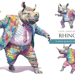 Cool Dancing Rhino Clipart, 11 High Quality PNGs, Funny Watercolor Animals, Digital Prints and Creative Projects, Digital Download