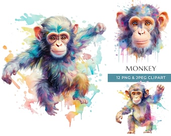 Watercolor Monkey Clipart: Playful PNG & JPEG Images (Digital Download)