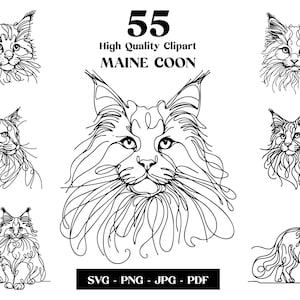 Maine Coon Katze SVG & PNG Clipart Bundle, digitale Linie Kunst, minimalistische Vektorkatze Zeichnung, Sublimation, Katzenliebhaber, Katzentattoo, Cricut