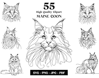 May include: A collection of 55 high-quality Maine Coon cat clip art images in black and white. The images include various poses and headshots of the breed, with the text "SVG - PNG - JPG - PDF" at the bottom.