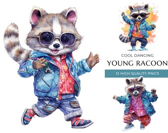 Cool Dancing Racoon Clipart, 12 High Quality PNG, Cute Watercolor Animals, Digital Prints and Creative Projects, Digital Download