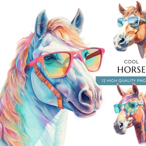Aquarell Pferd Clipart mit Sonnenbrille, 12 hochwertige PNG & JPEG, cooler Bauernhof Animal Print, digitales Basteln, digitaler Download