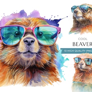 Watercolor Beaver Clipart with Sunglasses, 13 High-Quality PNG & JPEG, Cool Woodland Animal Print, Digital Crafting, Digital Download