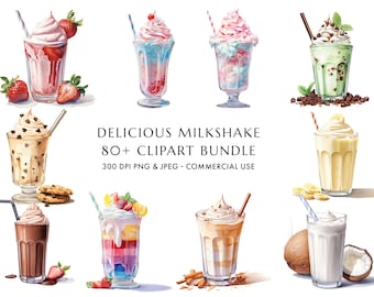 Watercolor Milkshake Clipart, 85+ PNG JPEG, Summer Dessert (Digital Download)