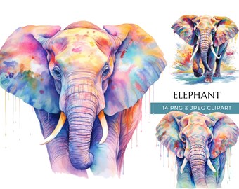 Clipart di elefante ad acquerello: animale da safari PNG e JPEG (download digitale)