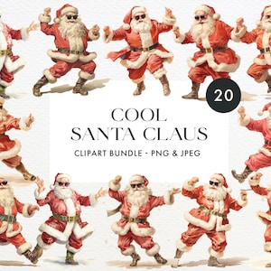May include: Twenty watercolour illustrations of Santa Claus in dynamic dancing poses, sporting sunglasses, a red suit with white fur trim, and a brown belt. The image includes the text "COOL SANTA CLAUS" and "CLIPART BUNDLE - PNG & JPEG".
