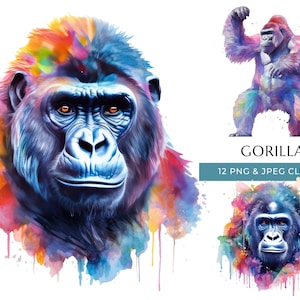 Gorilla Clipart - 12 High Quality PNGs & JPEG - Colorful Watercolor Safari Monkey Prints - Digital Crafting - Instant Digital Download