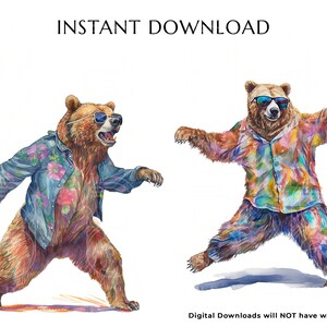 May include: Two brown bears wearing sunglasses and colourful shirts. One bear is walking and the other is jumping. The bears are illustrated in a watercolour style.