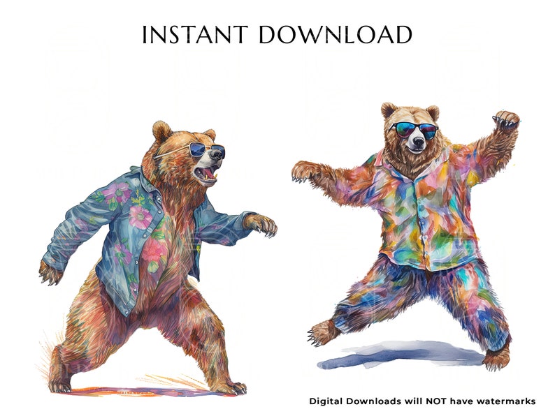 May include: Two brown bears wearing sunglasses and colourful shirts. One bear is walking and the other is jumping. The bears are illustrated in a watercolour style.