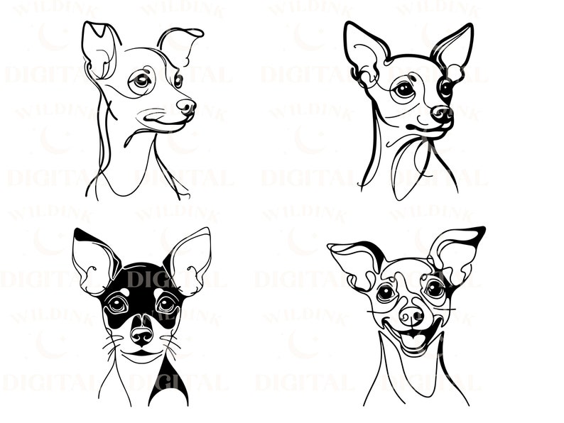 May include: Four black and white line drawings of a Chihuahua dog breed. Each drawing shows a different expression on the dog's face.