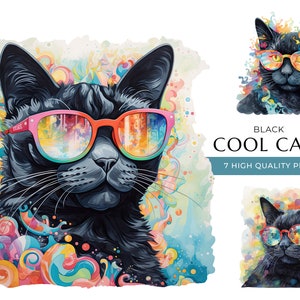 Coole Katzen Aquarell Clipart, 7 hochwertige PNGs, lustige schwarze Katzen mit Sonnenbrille Drucke, Kartenherstellung, digitales Basteln, digitaler Download