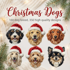 May include: A collection of six dog portraits wearing Santa hats. The image features a variety of breeds, each with detailed fur and happy expressions. The text "Christmas Dogs" is displayed in a festive font, along with the text "160 dog breed, 350 high quality designs."