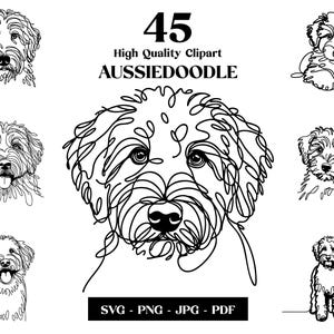 Könnte beinhalten: Schwarz-Weiß-Linienzeichnungen von Aussiedoodle-Hunden in verschiedenen Posen. Das Bild enthält den Text "45 High Quality Clipart AUSSIEDOODLE" und die Dateitypoptionen SVG, PNG, JPG und PDF.