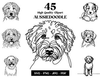 May include: Black and white line art illustrations of Aussiedoodle dogs in various poses. The image includes the text "45 High Quality Clipart AUSSIEDOODLE" and file type options: SVG, PNG, JPG, and PDF.