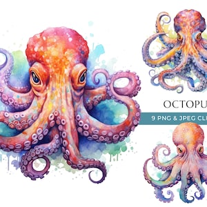 Octopus Clipart - 9 High Quality PNGs & JPEG - Colorful Watercolor Ocean Animal Clipart - Digital Crafting - Instant Digital Download