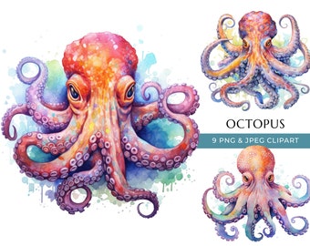 Watercolor Octopus Clipart: Ocean Animal PNG & JPEG (Digital Download)