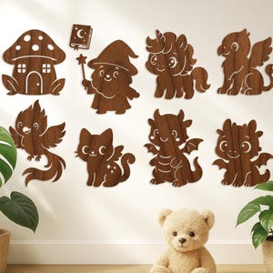May include: A collection of wooden cutouts featuring whimsical designs. The set includes a mushroom house, a wizard, a unicorn, a griffin, a bird, a cat, and two dragons. The cutouts are made of dark brown wood and are arranged on a white wall.