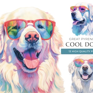 Cool Great pyrenees Dog Clipart, 13 PNG de haute qualité, chiens drôles avec des lunettes de soleil aquarelle, artisanat numérique, téléchargement numérique