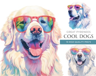 Pyrenees Dog Clipart, Funny Sunglasses Watercolor Art (Digital Download)