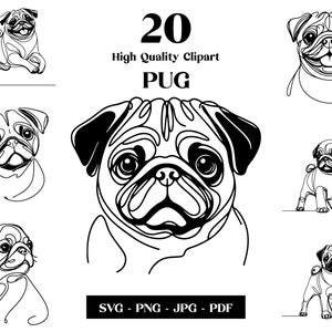 Paquete de imágenes prediseñadas Pug SVG & PNG: arte de línea digital, dibujo de perro vectorial minimalista para sublimación, amante de los perros, descarga digital de cachorros